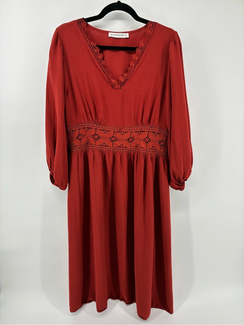 Rust Red Crochet-Waist V-Neck Dress by Rusttydustty